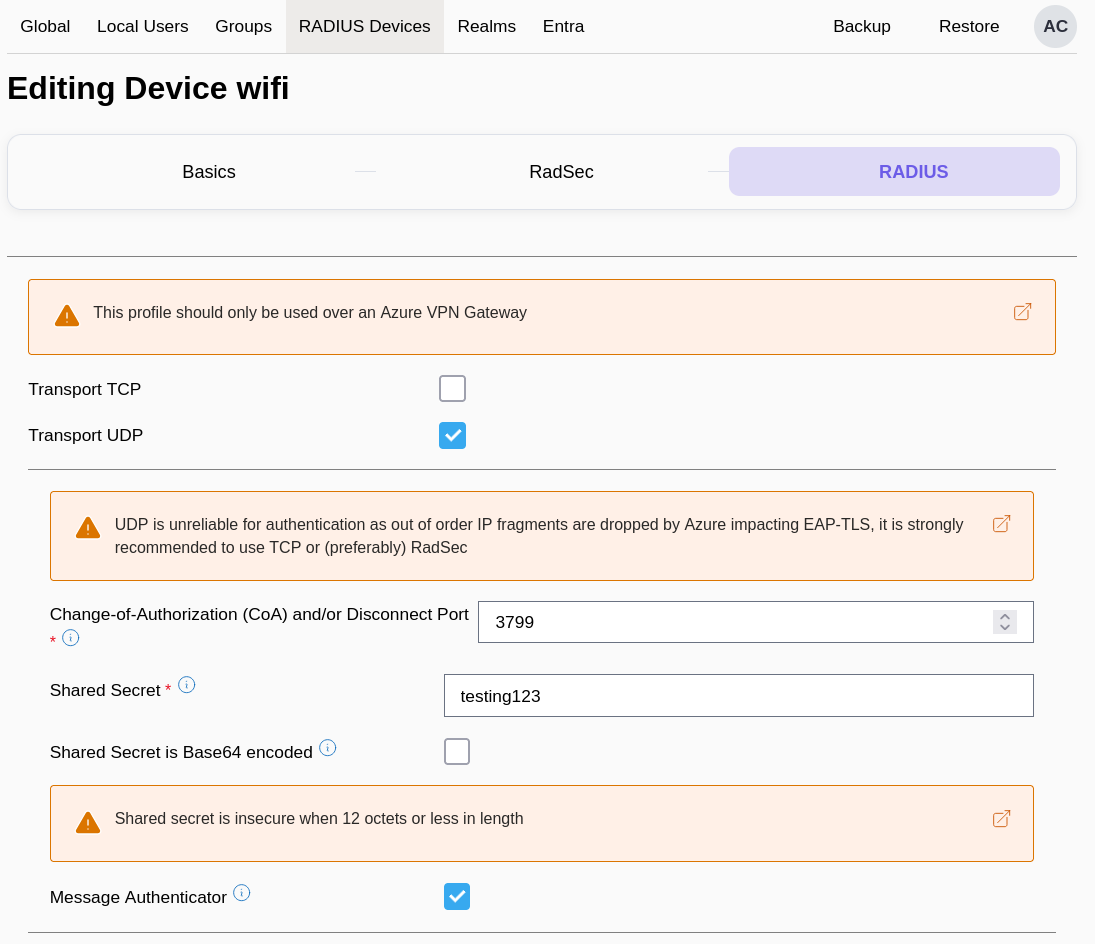 Editing your new device to include a RADIUS profile