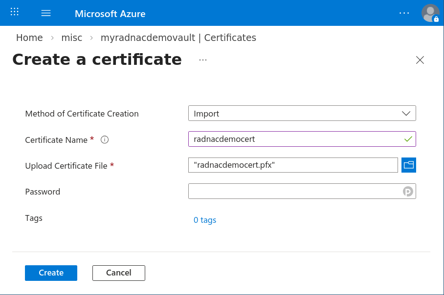 Importing the demo server certificate into the Key Vault resource