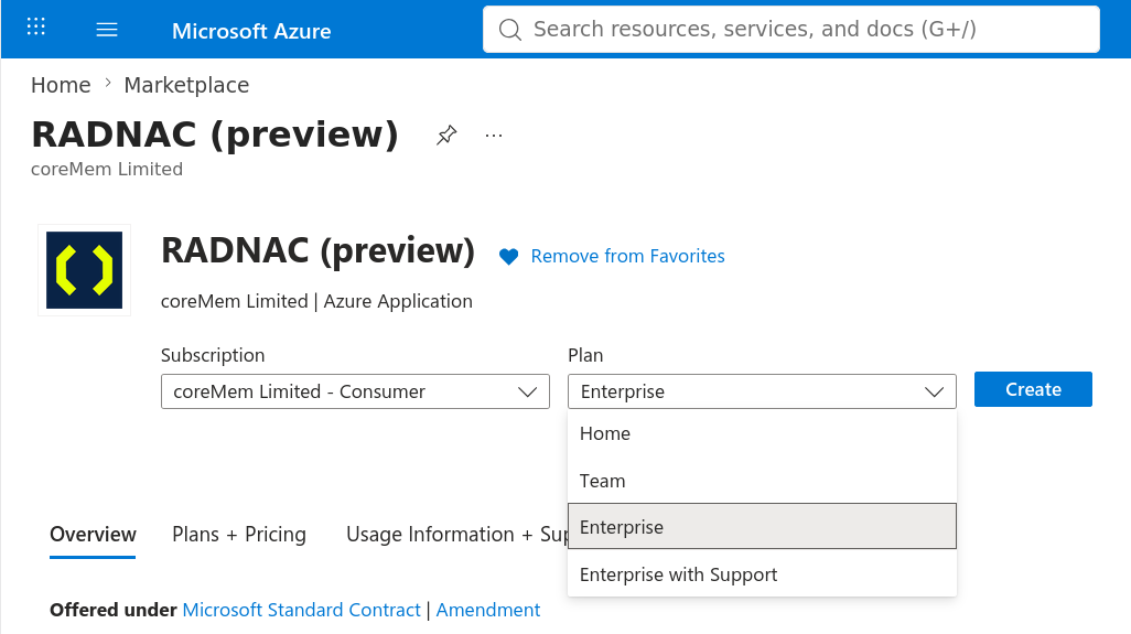 Selecting your plan from the Azure Marketplace
