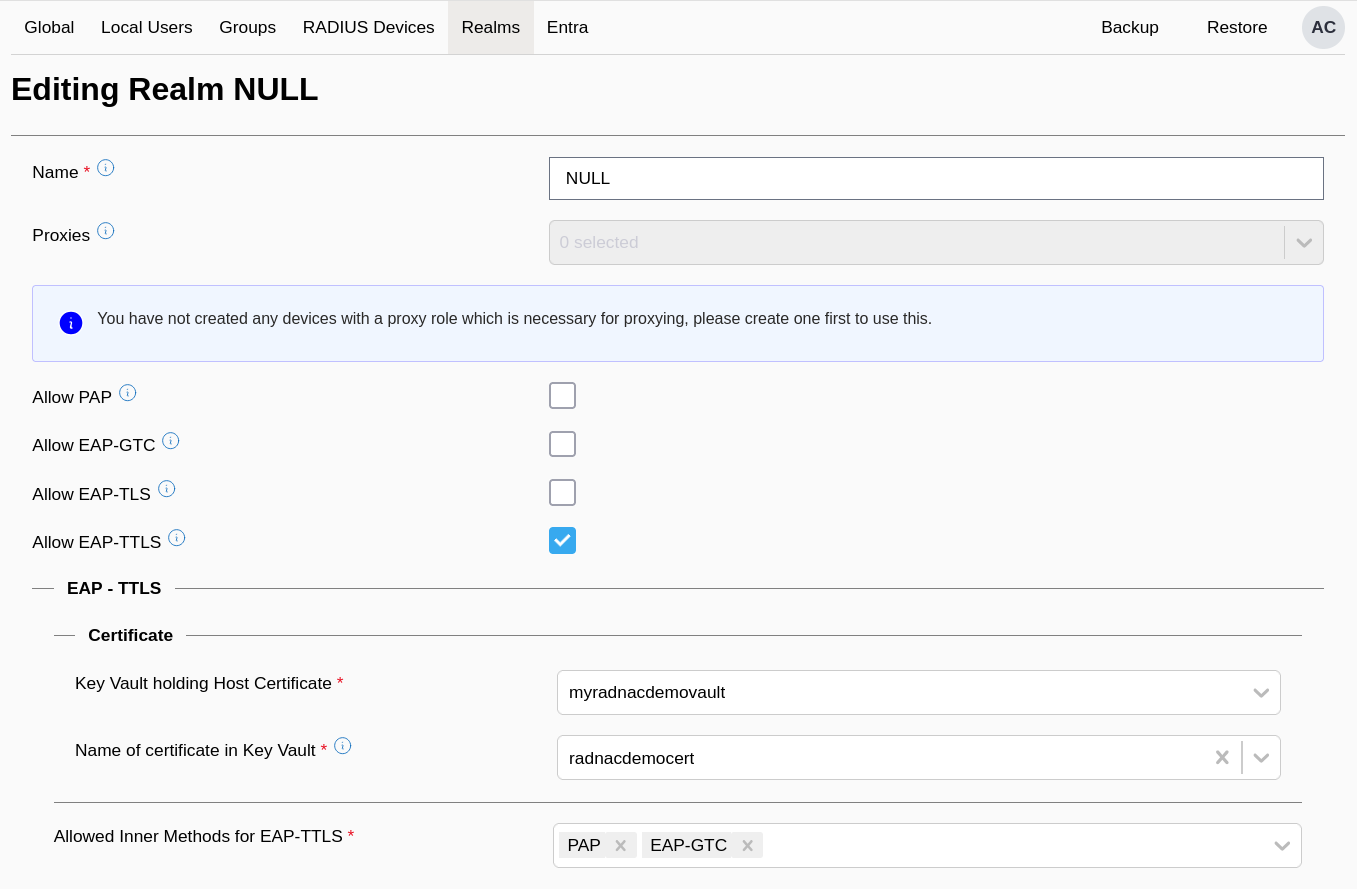 Configuring RADNAC to use the demo server certificate into the Key Vault resource
