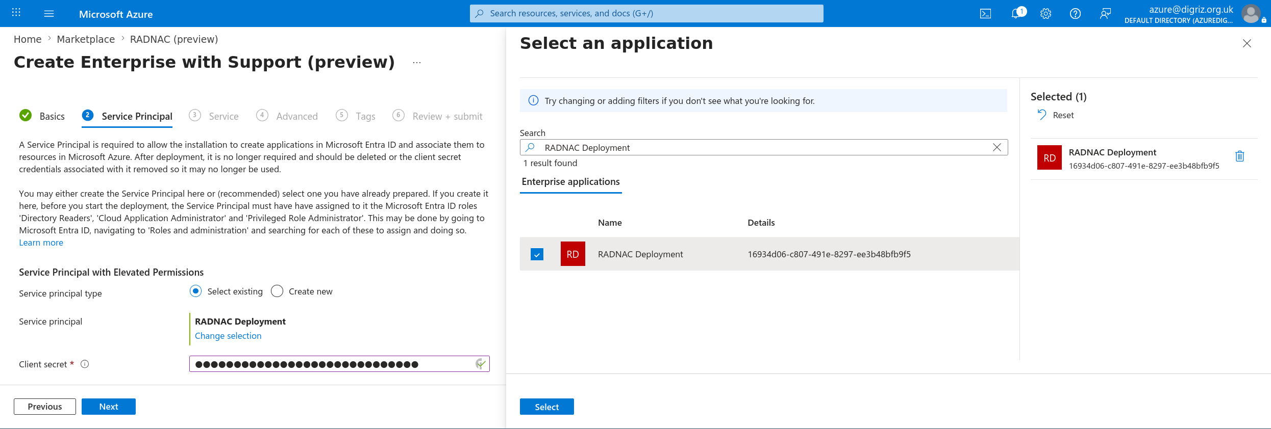 Service Principal settings for the deployment